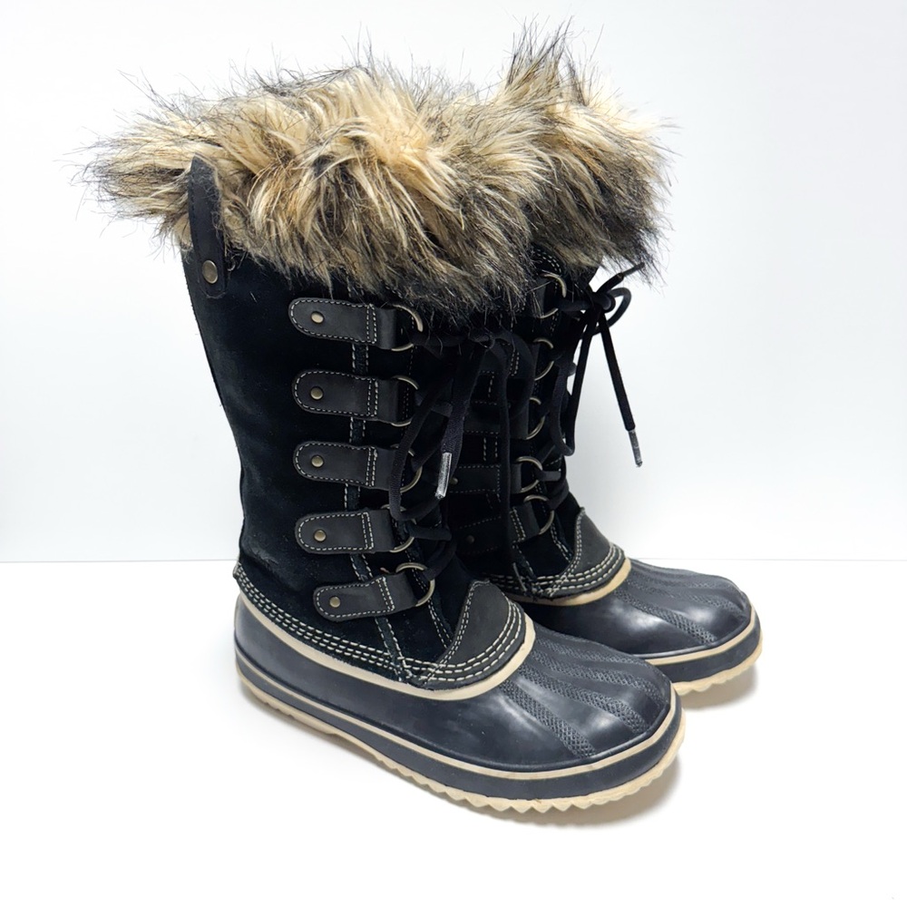 Sorel Joan of Arctic Faux Fur Lace Up Black Suede Winter Boots